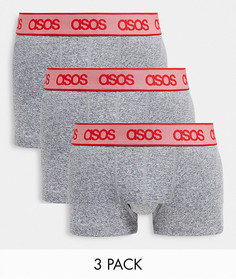 Набор из 3 серых меланжевых боксеров-брифов с красным поясом ASOS DESIGN-Серый