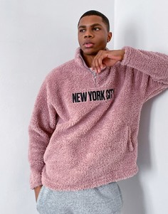 Плюшевый oversize-свитшот пыльно-розового цвета на короткой молнии с вышивкой "New York City" ASOS DESIGN-Розовый