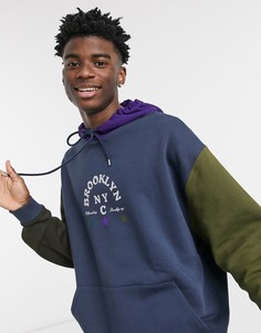 Oversized-худи в стиле ретро с принтом колор-блок и надписью на груди ASOS DESIGN-Темно-синий