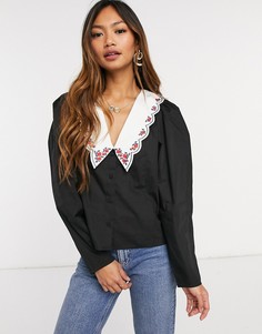 Черная хлопковая рубашка с контрастной вышивкой на воротнике ASOS DESIGN-Черный