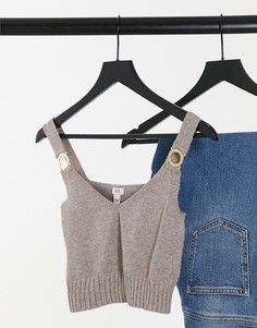 Бежевый трикотажный кроп-топ в рубчик River Island-Кремовый
