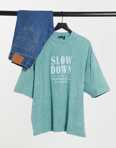 Голубая выбеленная футболка свободного кроя с текстовым принтом на груди ASOS DESIGN-Голубой