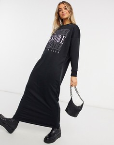 Черное платье‑футболка макси ASOS DESIGN с длинными рукавами и фиолетовым принтом "Wellness"-Черный