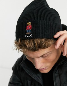 Черная шапка-бини в рубчик с мишкой Polo Ralph Lauren-Черный