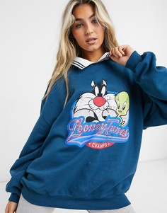Oversized-свитшот с принтом "Looney Tunes" и воротником в рубчик в стиле преппи Vintage Supply-Черный