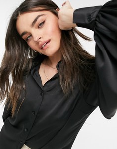 Черная атласная рубашка с объемными рукавами ASOS DESIGN-Черный