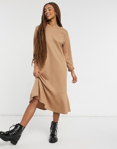 Бежевое платье-свитшот миди с волнистым подолом New Look-Светло-коричневый