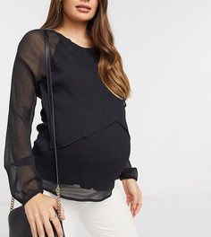 Черная шифоновая блузка для беременных и кормящих мам с запахом с элементами для кормления Mamalicious Maternity-Черный Mama.Licious
