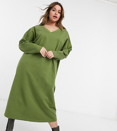 Платье-свитшот миди цвета хаки с V-образным вырезом ASOS DESIGN Curve-Зеленый