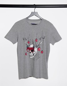 Серая новогодняя футболка с принтом черепа Jack & Jones Originals-Серый