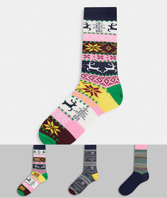 Набор из 3 пар носков до щиколотки с разноцветным узором Фэйр-Айл ASOS DESIGN-Многоцветный