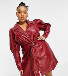 Темно-бордовое платье-пиджак мини из искусственной кожи с пышными рукавами и поясом Saint Genies Plus-Красный