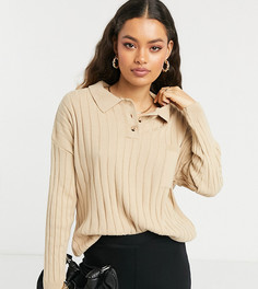 Светло-бежевый oversized-джемпер в стиле регби с воротником и и карманом ASOS DESIGN Petite
