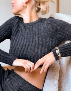Черный пушистый джемпер в рубчик Topshop