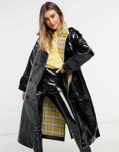 Черный виниловый тренч в клетку ASOS DESIGN