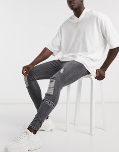 Черные выбеленные зауженные джинсы с рваными коленями и логотипом SikSilk-Черный