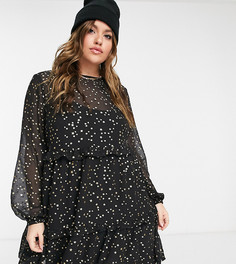 Черное свободное ярусное платье мини с принтом из серебристых звезд ASOS DESIGN Curve-Черный