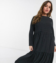 Монохромное ярусное платье миди свободного кроя с длинными рукавами и узором в горошек ASOS DESIGN Curve-Многоцветный