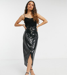 Черная юбка миди из искусственной кожи с завышенной талией River Island Petite-Черный