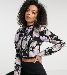 Топ с цветочным принтом, кружевной отделкой и высоким воротником ASOS DESIGN Tall-Многоцветный