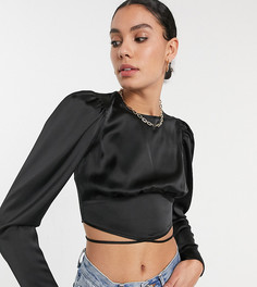 Черный атласный топ с длинными рукавами и отделкой швом ASOS DESIGN Tall
