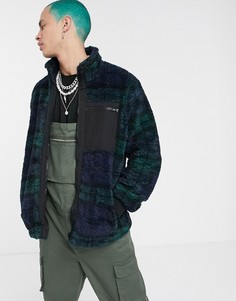 Куртка из искусственного меха в сине-зеленую клетку ASOS DESIGN-Голубой
