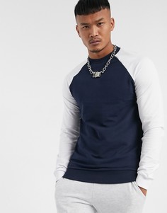 Темно-синий обтягивающий свитшот с белыми рукавами ASOS DESIGN