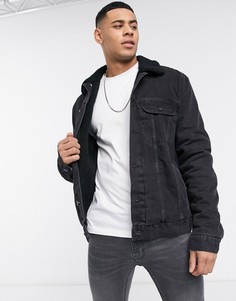 Черная джинсовая куртка с подкладкой из искусственного меха «борг» ASOS DESIGN-Черный