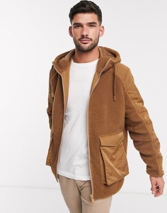 Светло-коричневая куртка из искусственного меха на молнии с капюшоном и карманами ASOS DESIGN-Светло-коричневый