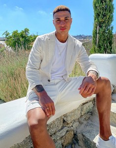 Пиджак облегающего кроя из ткани с добавлением льна светло-бежевого цвета в полоску ASOS DESIGN-Светло-бежевый