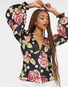 Блузка на пуговицах с присборенными рукавами и принтом роз ASOS DESIGN-Многоцветный