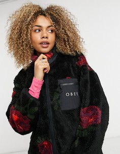 Флисовая куртка oversized с цветочным узором и логотипом на кармане Obey-Черный