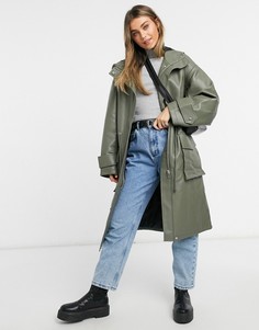 Oversized-парка из искусственной кожи на стеганной подкладке цвета хаки ASOS DESIGN-Зеленый