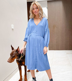 Фактурное свободное oversized-платье миди голубого цвета ASOS DESIGN Petite-Голубой