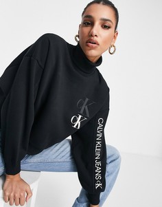 Черный свитшот с отворачивающимся воротом и логотипом спереди Calvin Klein Jeans
