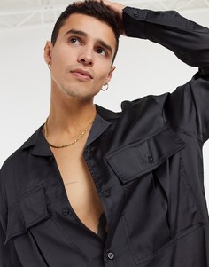 Строгая темно-синяя атласная рубашка навыпуск с отложным воротником ASOS DESIGN (от комплекта)-Темно-синий