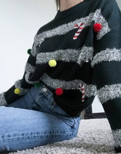 Зеленый новогодний джемпер с отделкой мишурой и шариками ASOS DESIGN-Черный