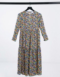 Ярусное платье миди свободного кроя с длинными рукавами и цветочным принтом ASOS DESIGN-Многоцветный