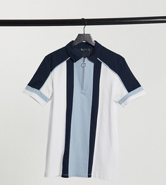 Сине-белая футболка-поло из ткани пике с вставками в стиле колор блок и короткой молнией от комплекта ASOS DESIGN Tall-Белый