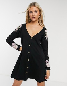 Черное чайное платье в рубчик на пуговицах с вышивкой на плечах ASOS DESIGN Curve-Черный