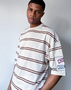 Oversized-футболка выбеленного бежевого цвета в полоску с нашивкой на рукаве ASOS DESIGN-Бежевый