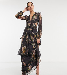 Коричневое платье макси с длинными рукавами, кружевной отделкой и цветочным принтом ASOS DESIGN Tall-Многоцветный