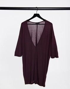 Коричневая oversized-футболка из вискозы с глубоким V-образным вырезом ASOS DESIGN-Красный