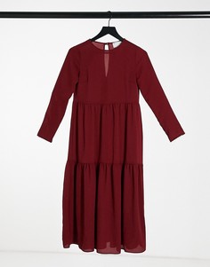 Темно-бордовое ярусное платье миди свободного кроя с длинными рукавами ASOS DESIGN-Красный