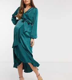 Изумрудно-зеленое платье мидакси с длинными рукавами, запахом и поясом Flounce London Maternity-Зеленый