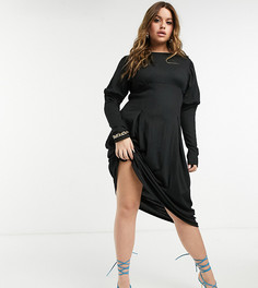 Черное платье миди с объемными рукавами и разрезами River Island Plus-Черный