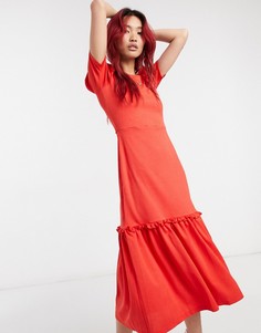 Красное ярусное платье миди с кружевными объемными рукавами River Island-Красный