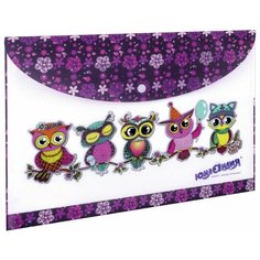 Юнландия Папка-конверт с кнопкой А4 Умные совы, 160 мкм, пластик белый/фиолетовый