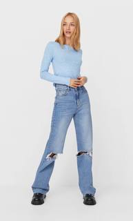 Stradivarius Лонгслив С Волнистыми Кромками Женская Коллекция Небесно-Голубой S