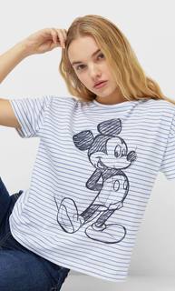 Stradivarius Футболка В Полоску С Принтом «Микки Маус» Женская Коллекция Белый M